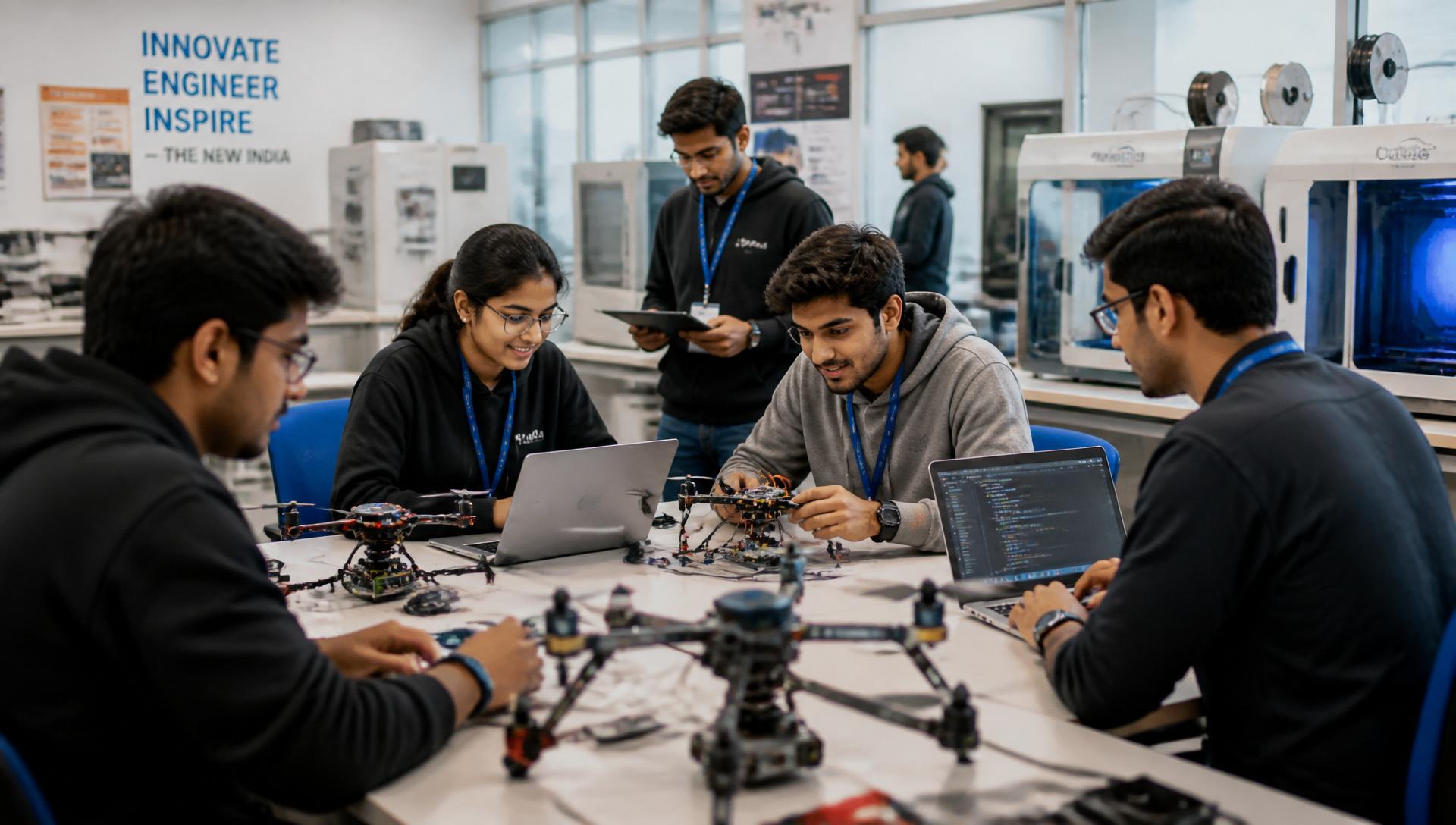 STEM innovation lab with students building drones and robotics
